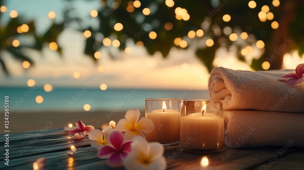 Soft light from candles illuminates towels and flowers on a wooden table at a beach resort. The tranquil ocean and sunset create a serene atmosphere for relaxation.