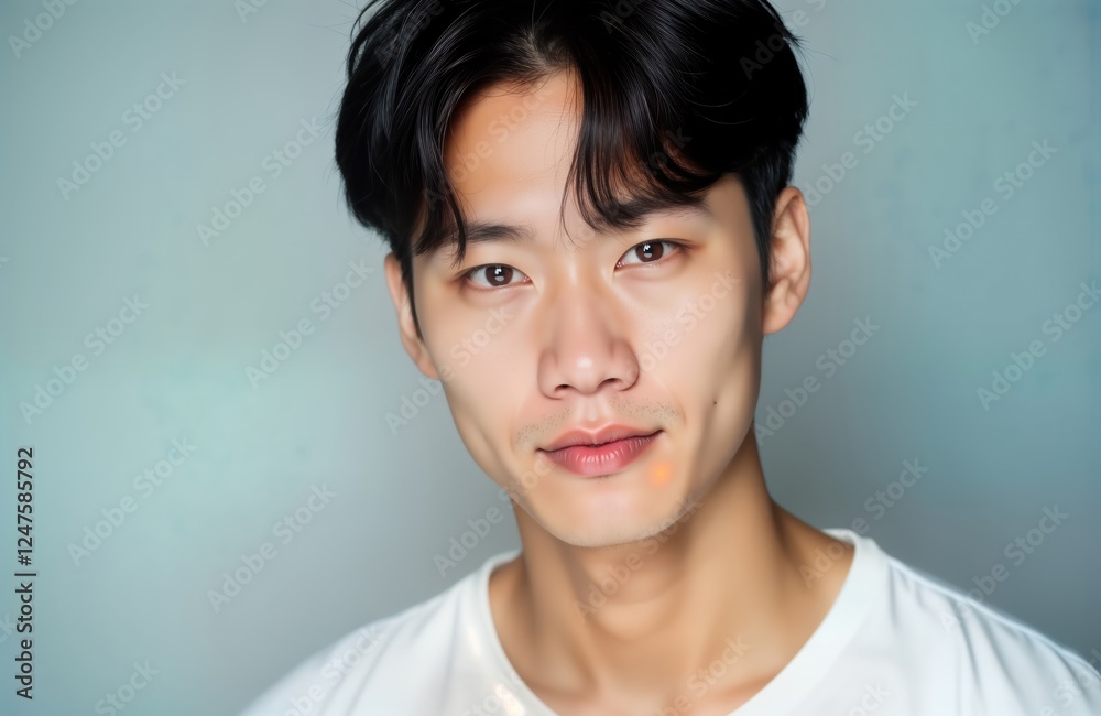 Young Asian man poses for studio portrait. Short black hair, pleasant expression. Clean-shaven, wearing plain white t-shirt. Natural light highlights features. Looks directly at camera. Studio Young Asian man poses for studio portrait. Short black hair, pleasant expression. Clean-shaven, wearing plain white t-shirt. Natural light highlights features. Looks directly at camera. Studio