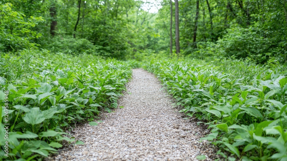 Forest trail path, nature walk, green foliage, summer day, peaceful background