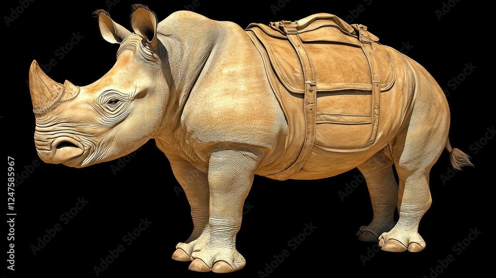 Fototapeta premium A large rhino, light tan in color, stands against a black background. It wears a tan leather saddlebag.