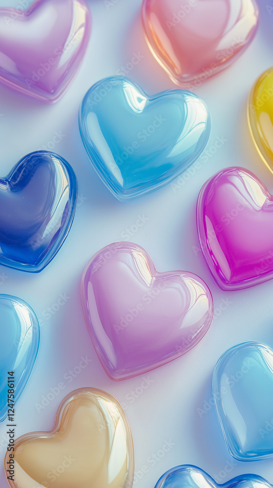 Colorful glossy Valentine hearts in pastel shades