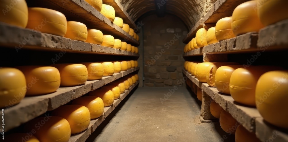 Fototapeta premium Goat cheese aging in small cellar, rustic setting, close up, stone, cellar