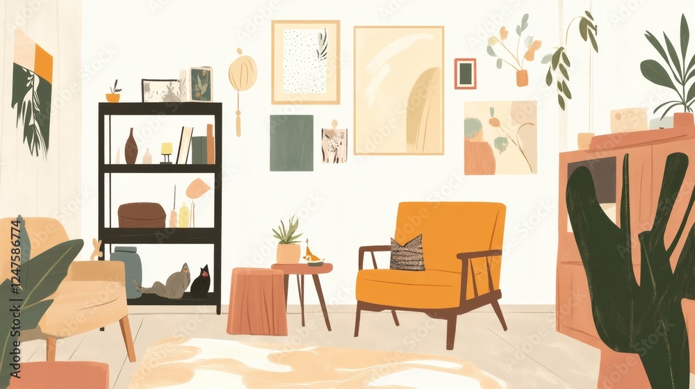 Cozy Living Room Interior Design with Mid-Century Modern Furniture and Plants Cozy Living Room Interior Design with Mid-Century Modern Furniture and Plants