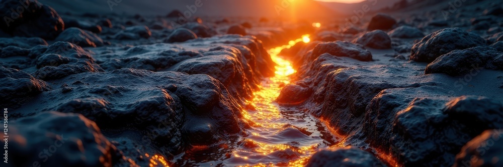 Fototapeta premium Golden light streams through fissures, highlighting rough, black volcanic rock , abstract, background
