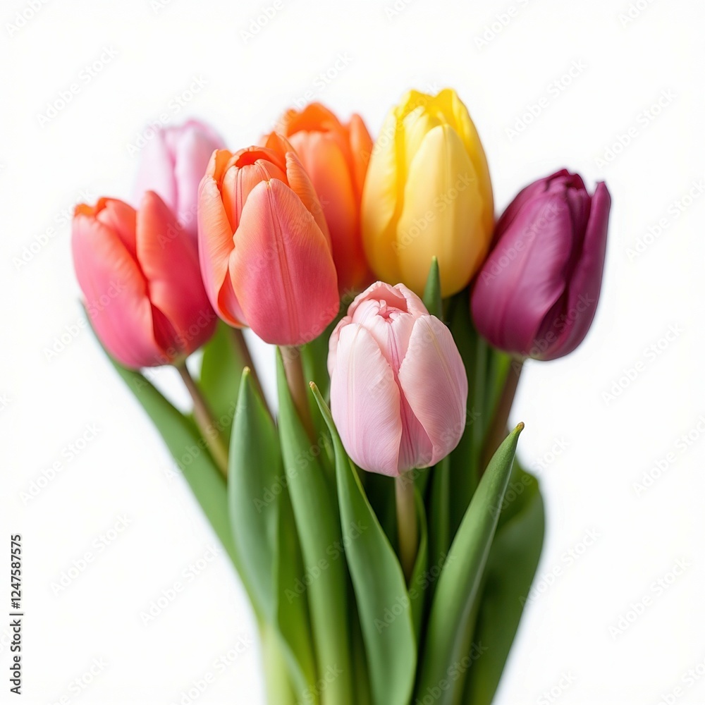 Multicolored Tulips on White Background, Symbol of Spring, Holiday and Romance, Ideal for Greeting Cards Multicolored Tulips on White Background, Symbol of Spring, Holiday and Romance, Ideal for Greeting Cards