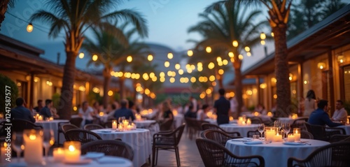 Fototapeta Naklejka Na Ścianę i Meble -  Outdoor restaurant scene at dusk. People dining at tables set with candles. Casual atmosphere. Tables, chairs placed around area. Palm trees line patio. Evening ambiance. Group of colleagues enjoying
