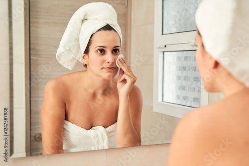 Woman practicing skincare routine in bathroom mirror. Skincare concept.