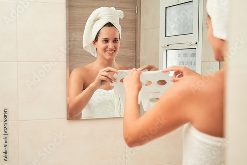 Woman enjoying skincare routine with face mask. Skincare concept.