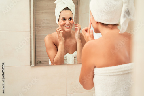 Woman practicing skincare routine in bathroom mirror. Skincare concept.