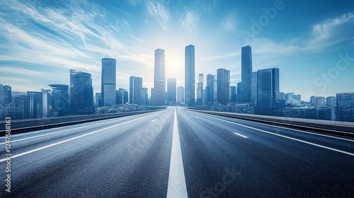 Urban Highway Leading to a Modern Cityscape Under a Bright Blue Sky