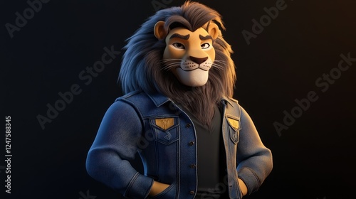 A stylized 3D render of a cool lion wearing a denim jacket, hands in pockets, against a dark background. photo