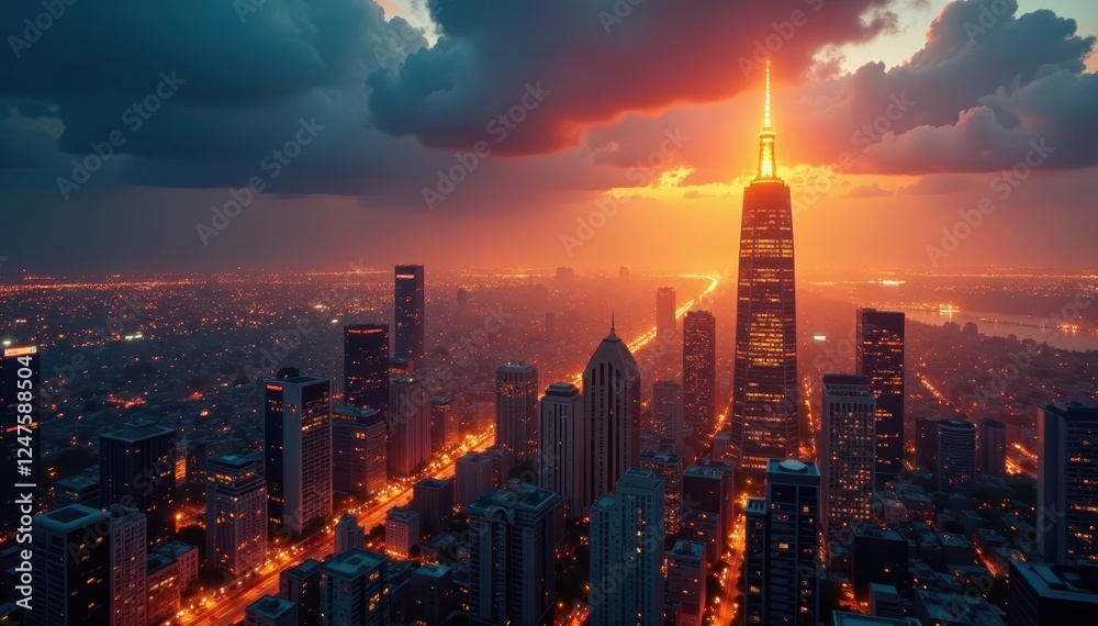 Fototapeta premium Golden hour cityscape, towering skyscrapers ablaze with yellow lights, architecture, construction