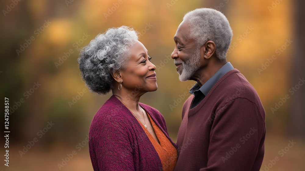 Obraz premium Loving couple sharing joyful moment outdoors in autumn colors.