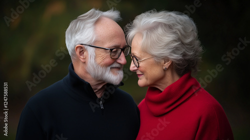 joyful elderly couple sharing loving gaze in natural setting, showcasing their bond.