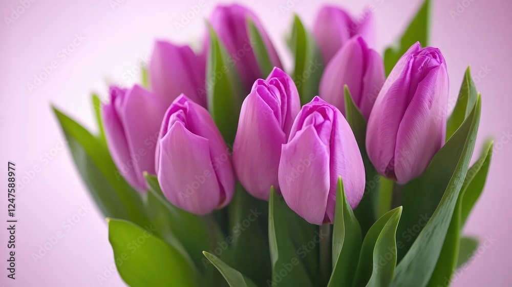 A vibrant bouquet of pink tulips with green leaves against a soft pink background. A vibrant bouquet of pink tulips with green leaves against a soft pink background.