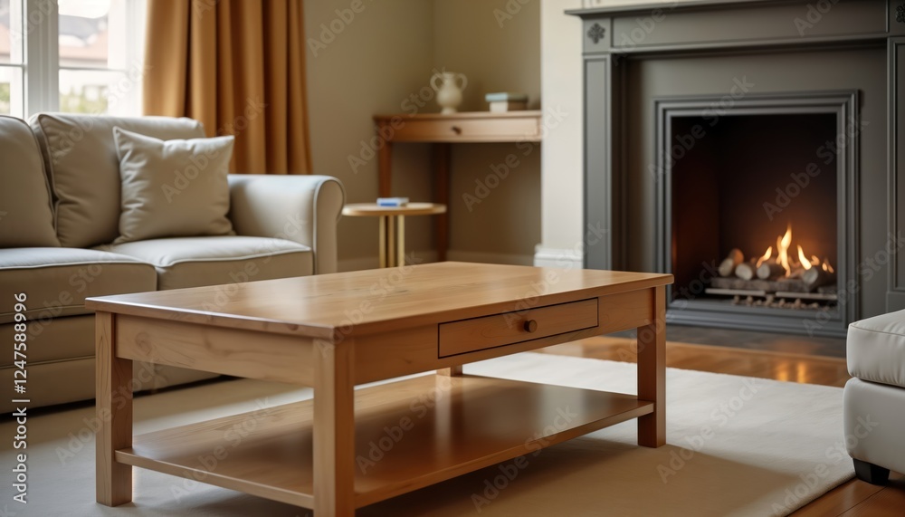 Fototapeta premium Luxury hotel room interior featuring comfortable light beige sofa, wooden coffee table. Cozy atmosphere with fireplace adding warmth. Design elements suggest sophisticated, elegant style. Natural