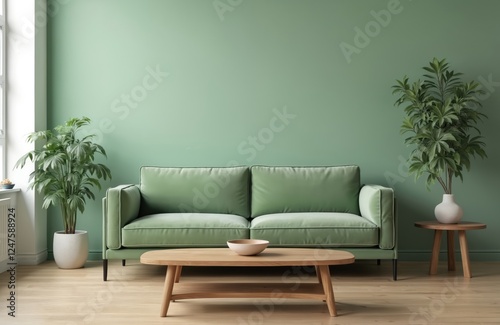 Stylish living room with calming green couch. Wooden coffee table. Two plants add natural touch. Simple design. Peaceful, comfortable atmosphere. Perfect for cozy family gathering relaxing alone.