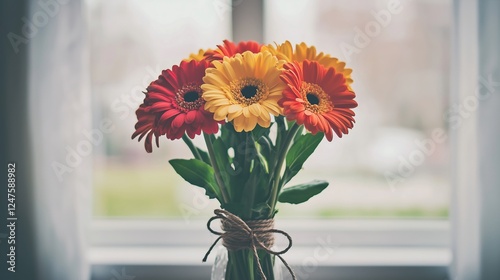 A vibrant bouquet of red, yellow, and orange gerbera daisies in a glass vase by a window.