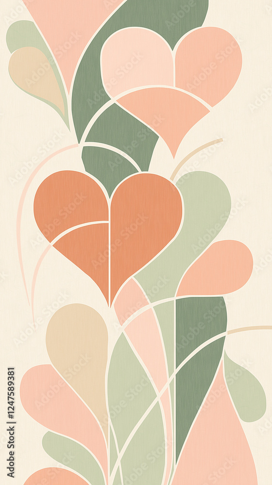 Valentine hearts background with curved green forms vertical