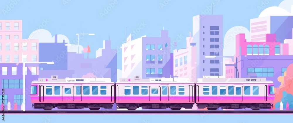 Obraz premium city buildings and a light rail train, set against a purple and blue gradient background