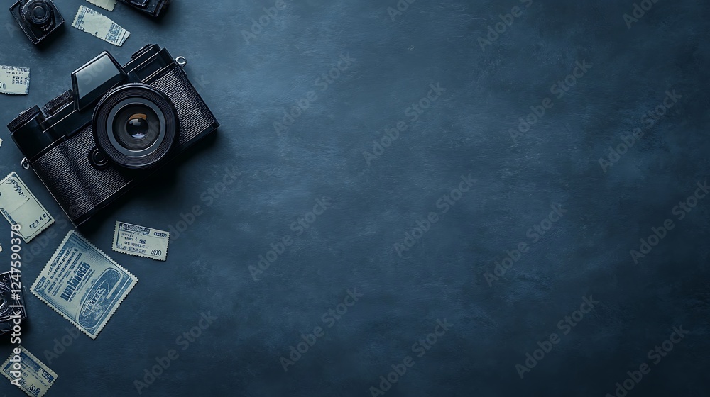 Fototapeta premium A vintage camera rests on a dark surface, surrounded by old photographs and scattered currency, evoking nostalgia and a sense of history.