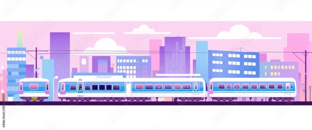Obraz premium city buildings and a light rail train, set against a purple and blue gradient background