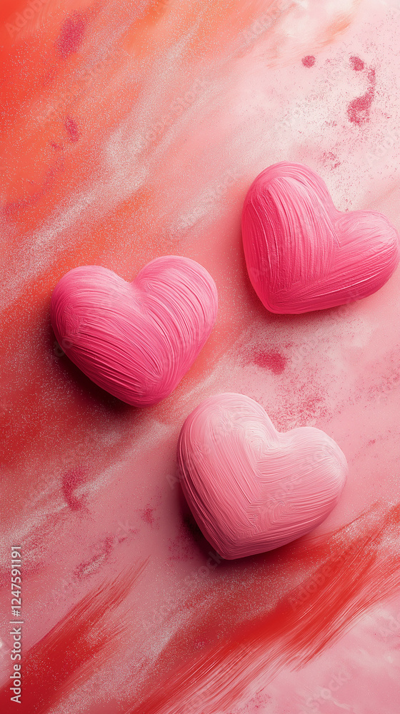 Three Valentine hearts on a painted background