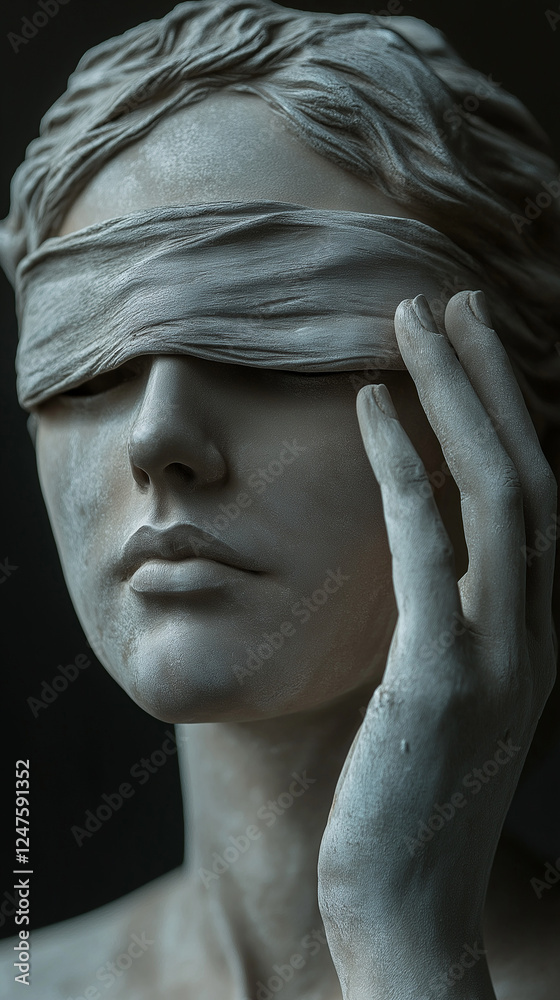 Woman face of justice blindfolded, carved in stone