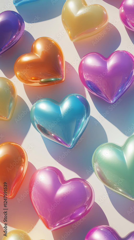 Shiny Valentine hearts in pastel shades vertical