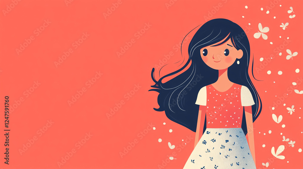 A beautifully illustrated girl with long flowing dark hair standing in a floral dress on a coral background with delicate white butterflies
A beautifully illustrated girl with long flowing dark hair standing in a floral dress on a coral background with delicate white butterflies