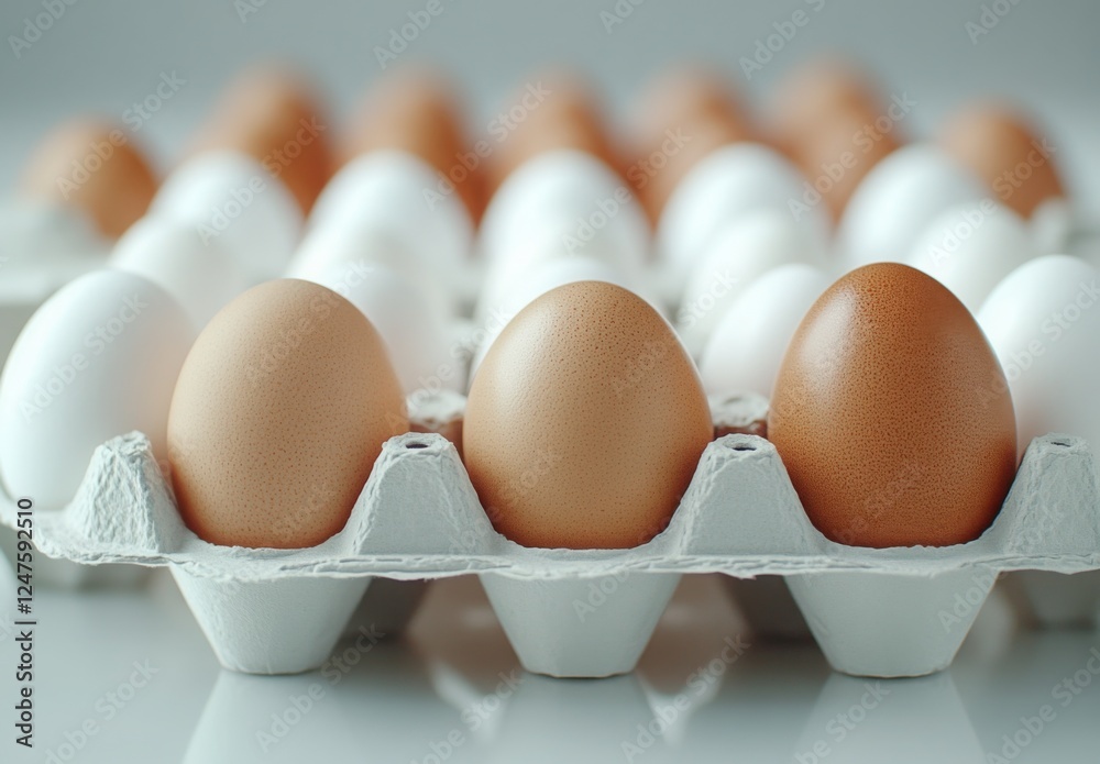 Brown and White Eggs in Carton: A close-up shot of a carton filled with both brown and white eggs, showcasing their smooth shells and subtle color variations.