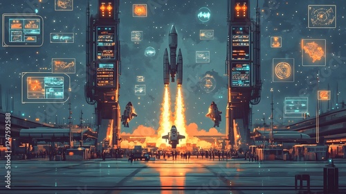 Futuristic Spaceship Launching Into Vast Cosmic