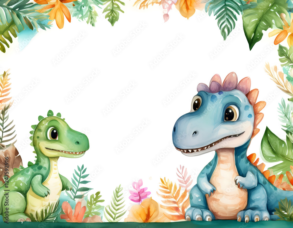 Fototapeta premium Children's book cover. Cute cartoon dinosaur background in watercolor style