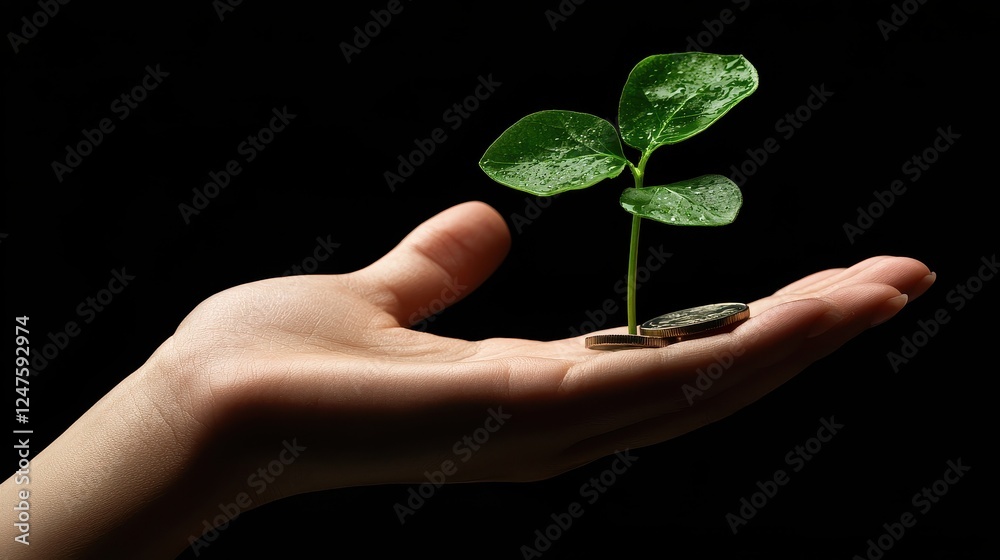 Closeup on hand sustainable finance and investment concept with a plant sprouting from savings coins. Closeup on hand sustainable finance and investment concept with a plant sprouting from savings coins.