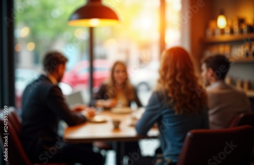 Group of young adults sitting in cafe. Conversation. Blurred image shows people eating lunch coffee. Sitting together at table near window. Indoor cafe scene. Relaxing, friendly atmosphere. Possible