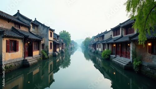 Ancient Huishan canal buildings, serene waters reflect aged architecture , brick, river