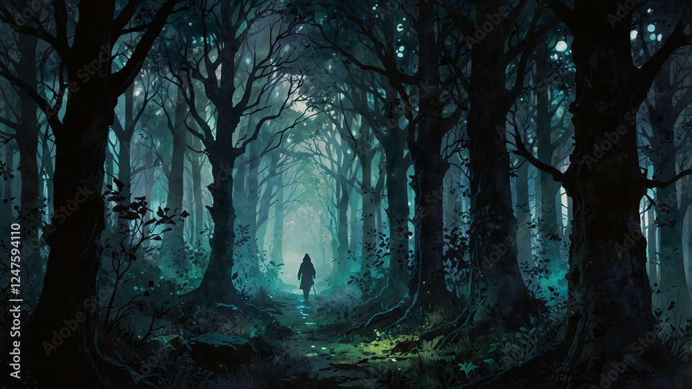 Fototapeta premium Mysterious silhouette figure standing in dark misty fantasy forest path