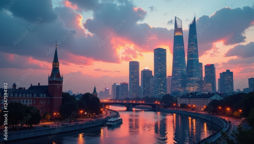 Obraz premium Dramatic Moscow City towers rising above traditional buildings , development, panorama