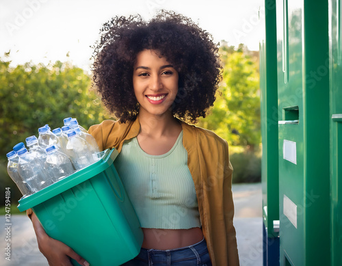 Adult woman looking for plastic recycle container to dump in trash bags ful of plastic