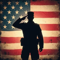 Silhouette soldier salutes American flag. Military man honors nation. Patriotism concept. Memorial Day 4th of July scene. National pride, respect. Veteran paying tribute. USA flag background.
