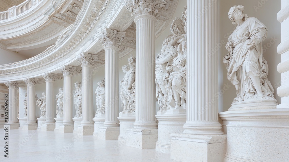 Obraz premium Classical statues line a white columned hall; background architectural details
