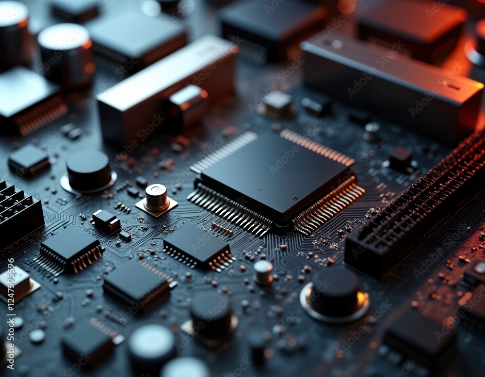 Close-up view of detailed computer motherboard. Complex circuitry, components clearly visible. Realistic rendering highlights intricate details of electronic components. Tech design. Modern tech Close-up view of detailed computer motherboard. Complex circuitry, components clearly visible. Realistic rendering highlights intricate details of electronic components. Tech design. Modern tech