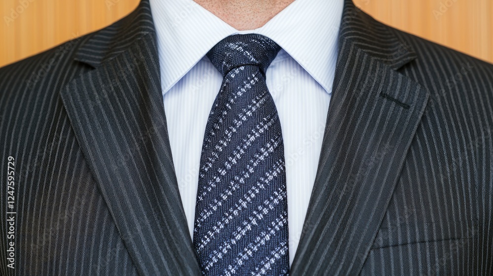 Man in pinstripe suit, tie, close-up, office background, business portrait Man in pinstripe suit, tie, close-up, office background, business portrait