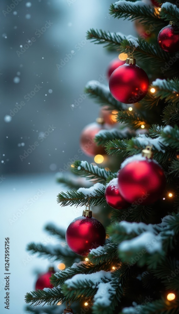 Fototapeta premium Classic Christmas tree, vibrant red baubles, snowy backdrop, classic, winter, celebration