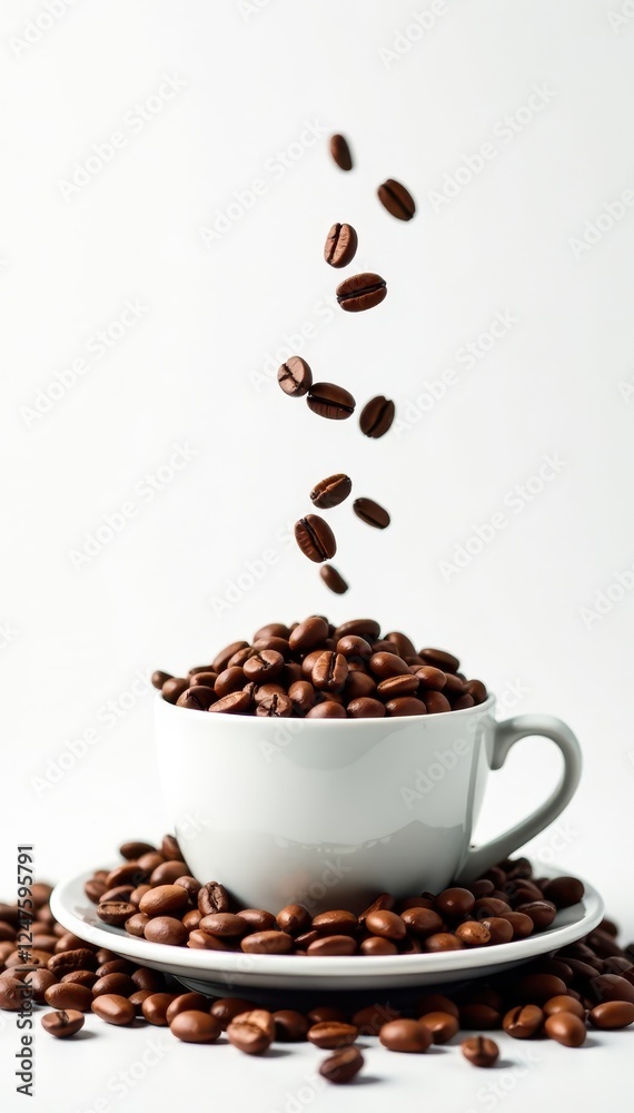 Obraz premium Coffee cup overflowing with roasted beans, white backdrop, coffee cup, food photography