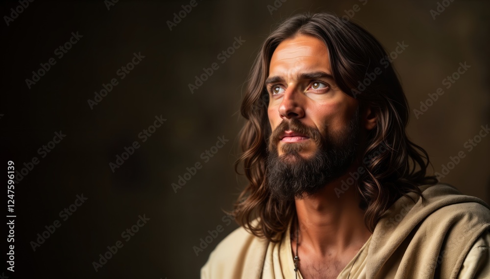 Close-up portrait of Jesus Christ. Man with long dark hair, beard looks upward, appearing peaceful, thoughtful. Wears light beige robe. Religious image. Ideal for religious contexts, inspirational Close-up portrait of Jesus Christ. Man with long dark hair, beard looks upward, appearing peaceful, thoughtful. Wears light beige robe. Religious image. Ideal for religious contexts, inspirational