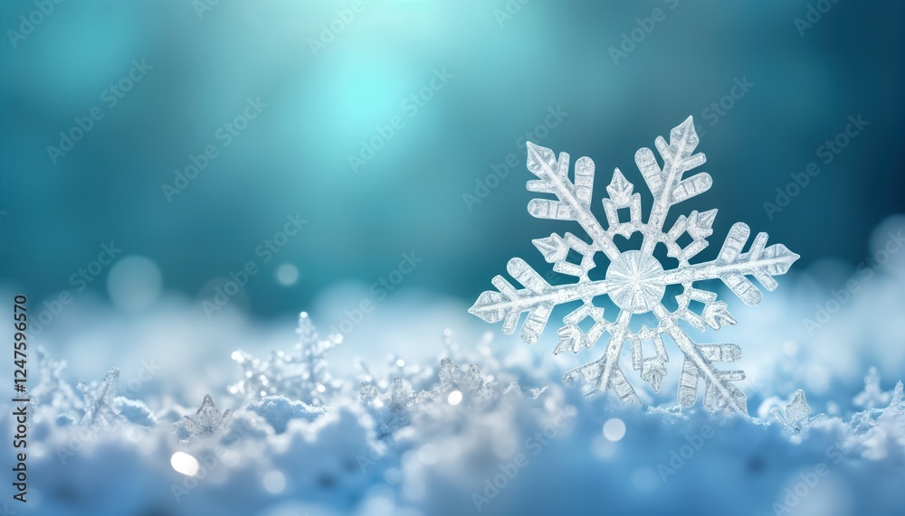 Beautiful winter scene shows single perfect snowflake resting on bed of other delicate snowflakes. Nature crystal ice. Delicate ice crystal. Cold frosty winter day. Perfect macro closeup of snowflake. Beautiful winter scene shows single perfect snowflake resting on bed of other delicate snowflakes. Nature crystal ice. Delicate ice crystal. Cold frosty winter day. Perfect macro closeup of snowflake.