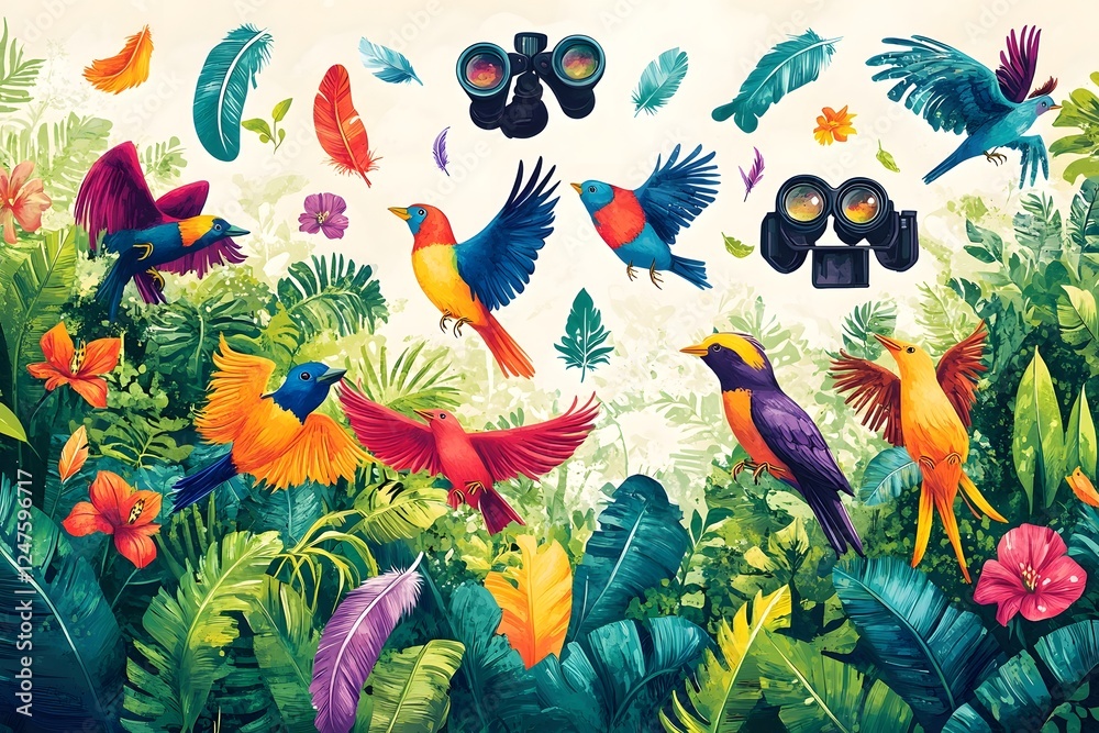 Fototapeta premium Vibrant Tropical Aviary with Colorful Birds and Lush Foliage