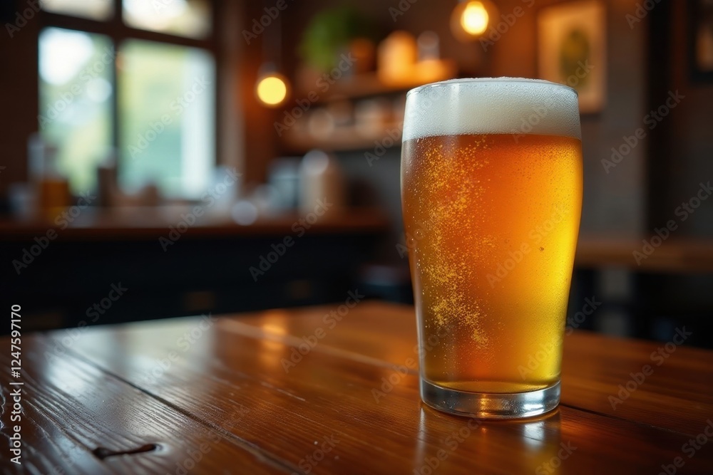 Frosty beer glass on wooden table, soft-focus pub scene, glass, wood Frosty beer glass on wooden table, soft-focus pub scene, glass, wood