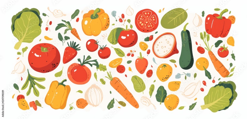 Flat vector illustration of various vegetables, featuring a simple and clean design on a white background, perfect for food-related themes. Flat vector illustration of various vegetables, featuring a simple and clean design on a white background, perfect for food-related themes.